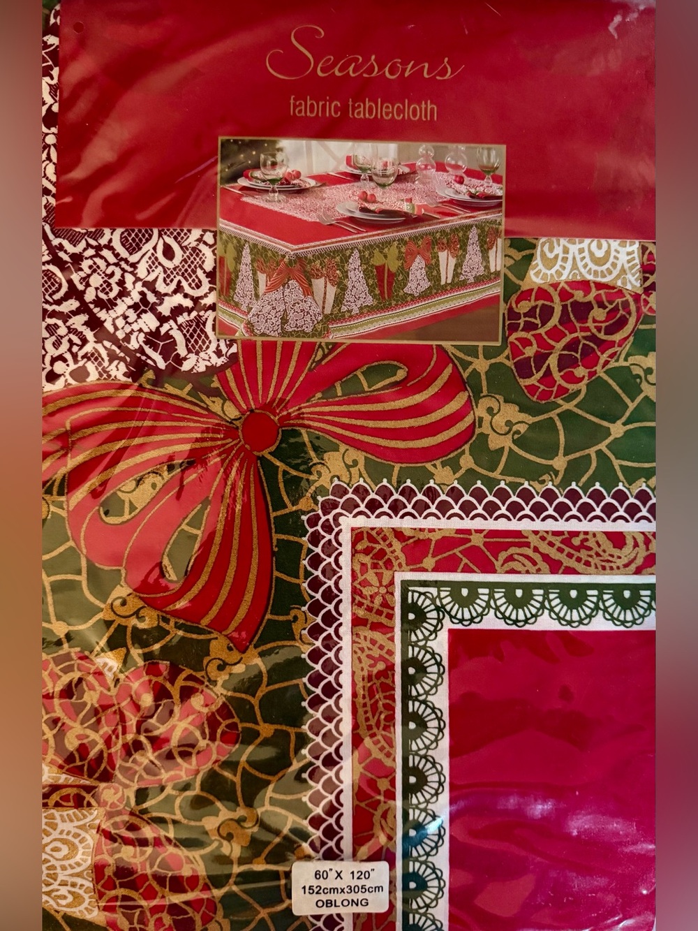 NWT Seasons Christmas Fabric Tablecloth 60x120 Red Green Gold Holiday